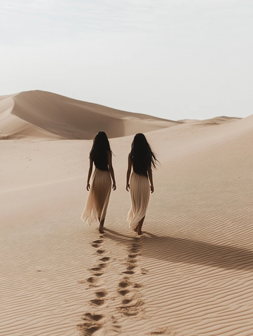 沙漠中两位长发女子行走的背影