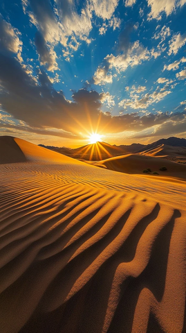 沙漠中太阳光芒照耀下的壮丽景象