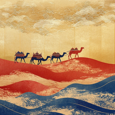 沙漠中骆驼队行进的剪影画面