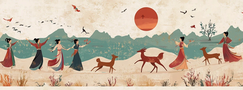 古风女子与鹿在山林间共舞的场景