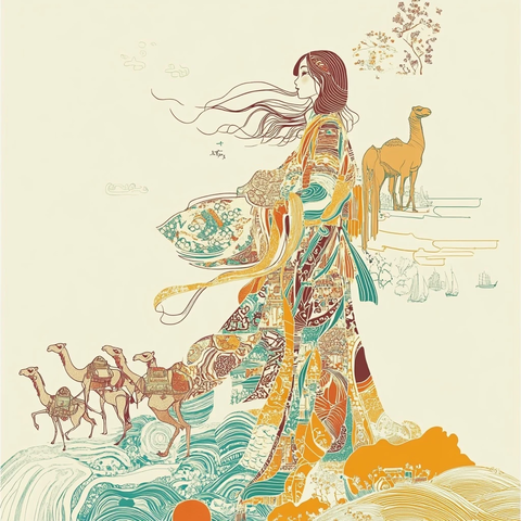 身着传统服饰女子与骆驼的艺术插画