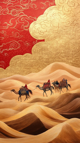 沙漠中骆驼队行进的壮阔景象