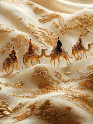 沙漠中骆驼队行进的场景