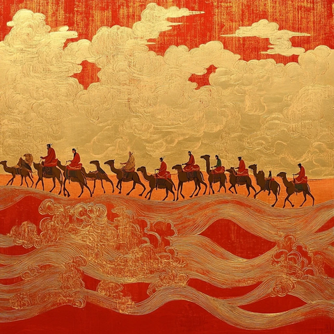 沙漠中行进的骆驼队