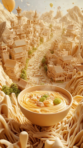 特色建筑旁的美味面食