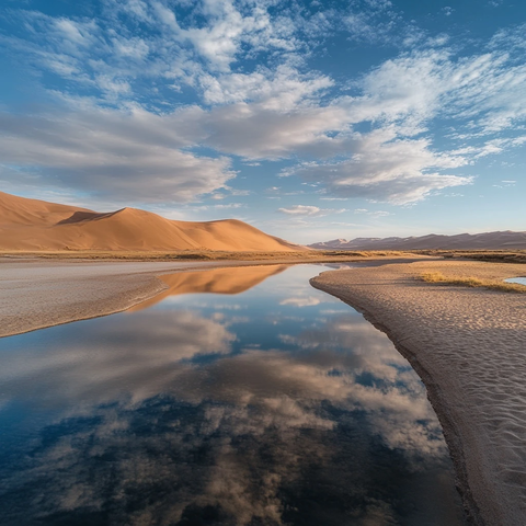 沙漠中水域倒影天空的壮丽景象