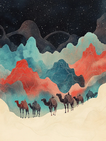 沙漠中骆驼队在多彩山脉下前行