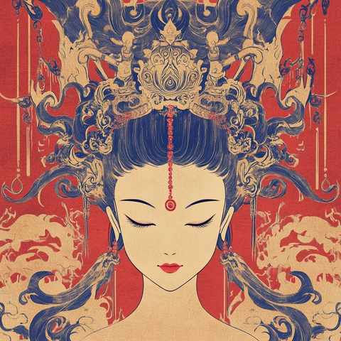 头戴华丽头饰的闭眼古装女子画像