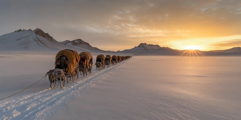 雪地上一队马车在夕阳下前行的景象