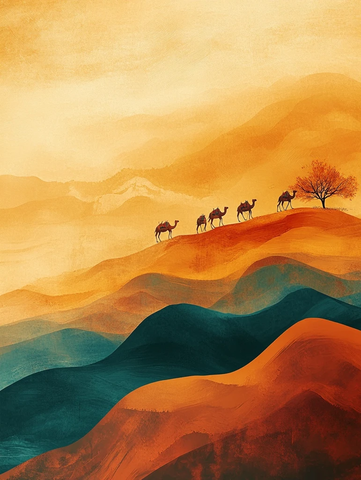 沙漠中骆驼行走的壮阔景象