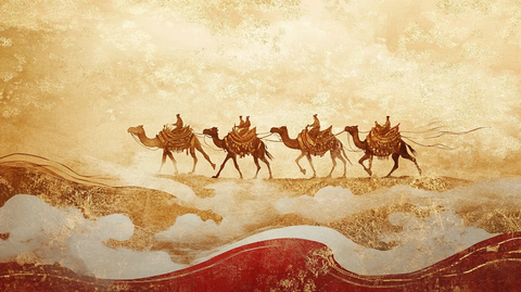 沙漠中骆驼队行进的景象