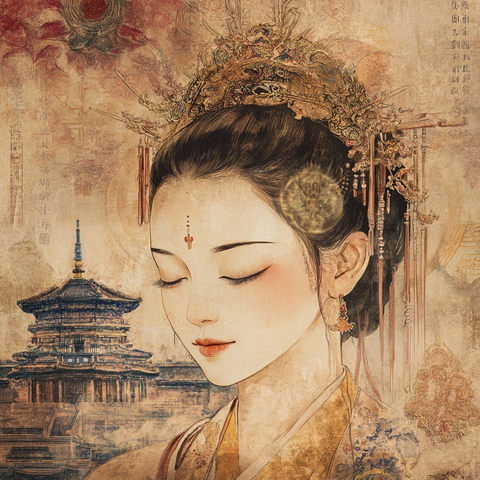 古装女子头戴金饰背景为古建筑