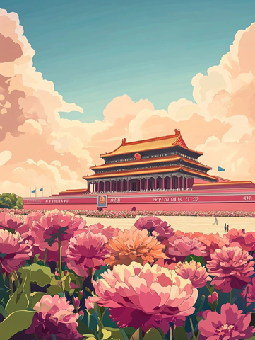 天安门城楼前盛开的大片艳丽花朵