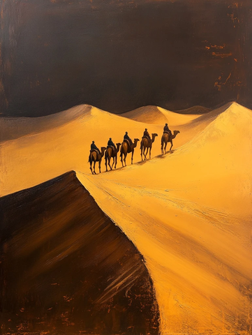 沙漠中骆驼队行进的景象