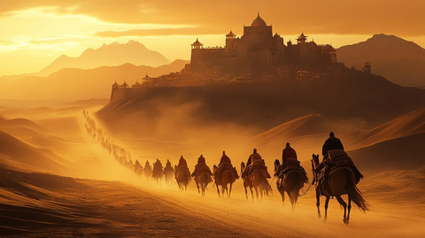 沙漠中骑马前行的队伍与城堡景象