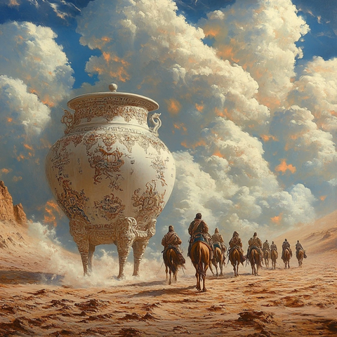 沙漠中骑马队伍经过巨大陶瓷罐