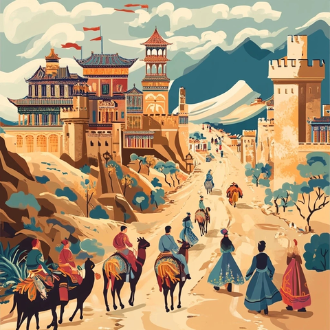 沙漠中城堡边骑马而行的人群