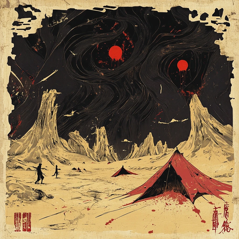 荒野中有人和帐篷的奇异夜景