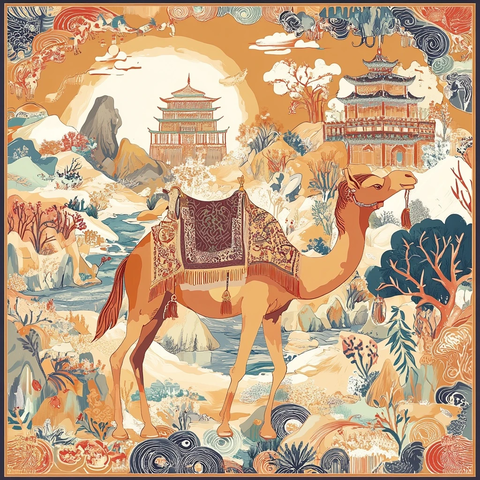 骆驼与古建筑构成的特色东方风情画