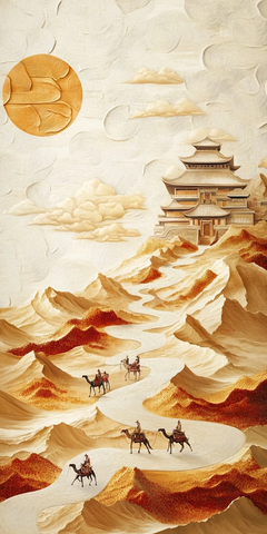 沙漠中驼队与古建筑的景象