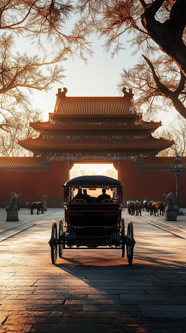 马车行驶于古建筑前的古风画面