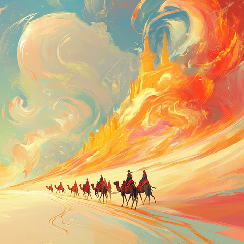 沙漠中骆驼队行走在奇幻城堡下的景象