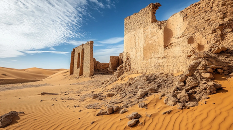 沙漠中荒废建筑遗址的全景