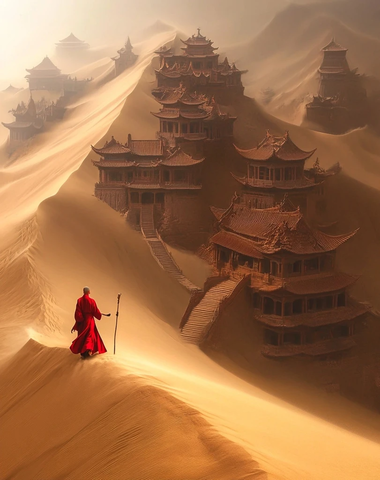 红衣僧人行走于沙漠中的古建筑群间