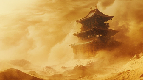 沙尘中矗立的古楼景象