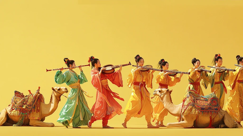 古装女子演奏乐器与骆驼同行的场景