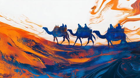 沙漠中骆驼队行进的艺术化剪影画面