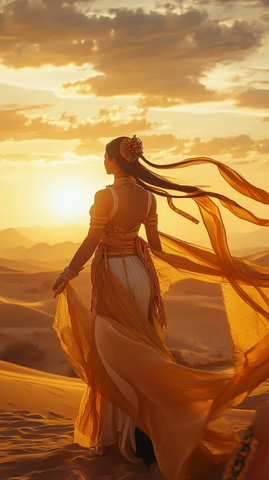 沙漠中身穿长裙的女子背影