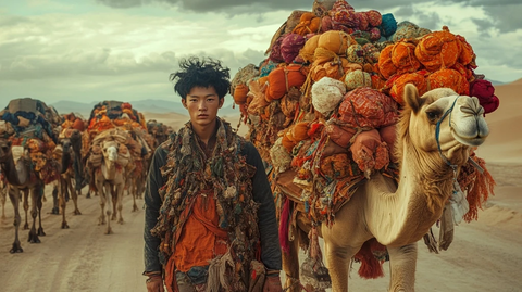 沙漠中穿着破旧衣服的人带着骆驼队前行