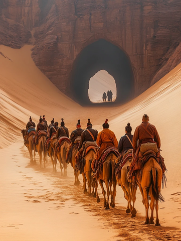沙漠中骑骆驼穿行隧道的队伍