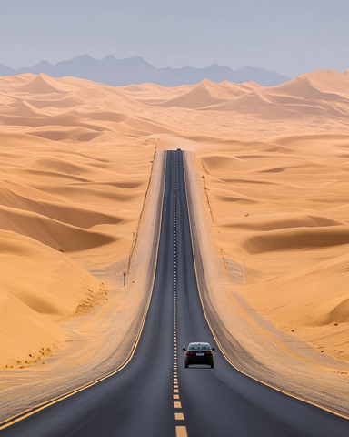 沙漠公路上的汽车行驶景象