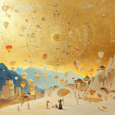 古代城镇中人们赏空中多样热气球的场景