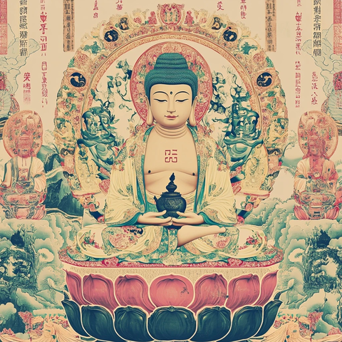 佛像坐于莲花座上双手持物的画像