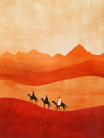 沙漠中骆驼队前行的剪影画面