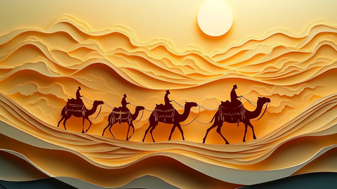 沙漠中骑骆驼的人剪影艺术画