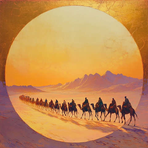 沙漠中骆驼队行进的壮观景象