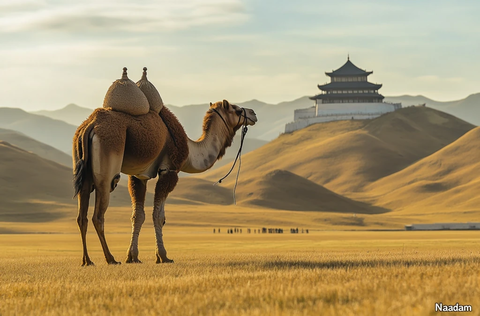 沙漠中驮着行囊的骆驼与古建筑远景