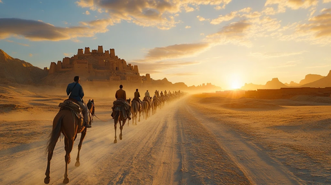 沙漠中骑马前行的队伍剪影