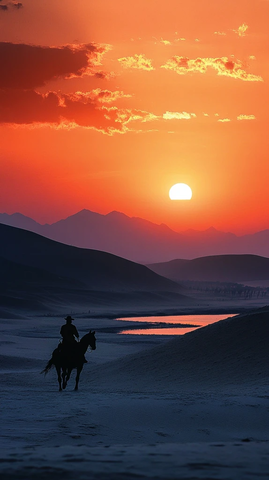 沙漠中骑马的人剪影与壮丽的落日景象