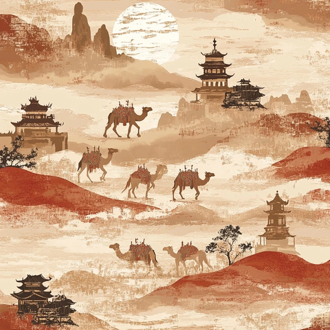 沙漠中骆驼与古建筑相映成趣的景象