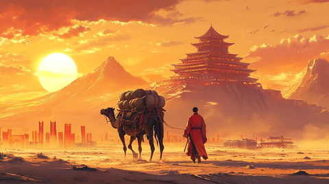 沙漠中牵骆驼行走的古装人背影