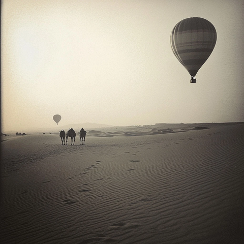 沙漠中骆驼与热气球相映的独特景观
