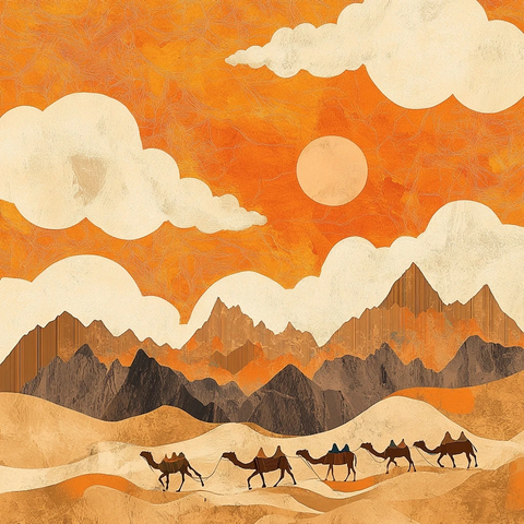 沙漠中骆驼群行走的壮丽景象