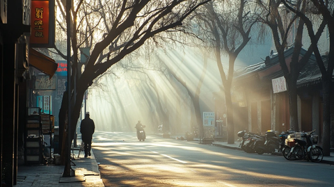 阳光照射下的街道行人车辆光影交错