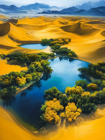 沙漠中点缀湖泊与绿植的独特风光