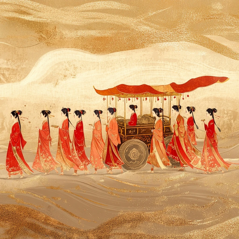 古装女子伴行古代华丽车辇出行队伍